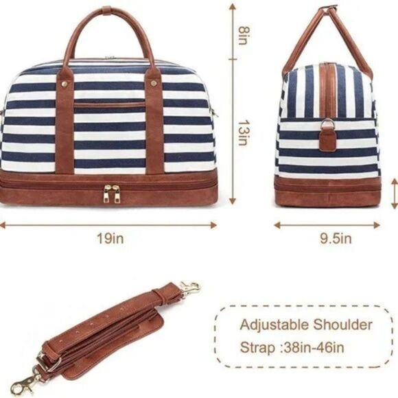 New Duffle Bag Canvas for Women Blue White Striped Bag - Picture 8 of 9